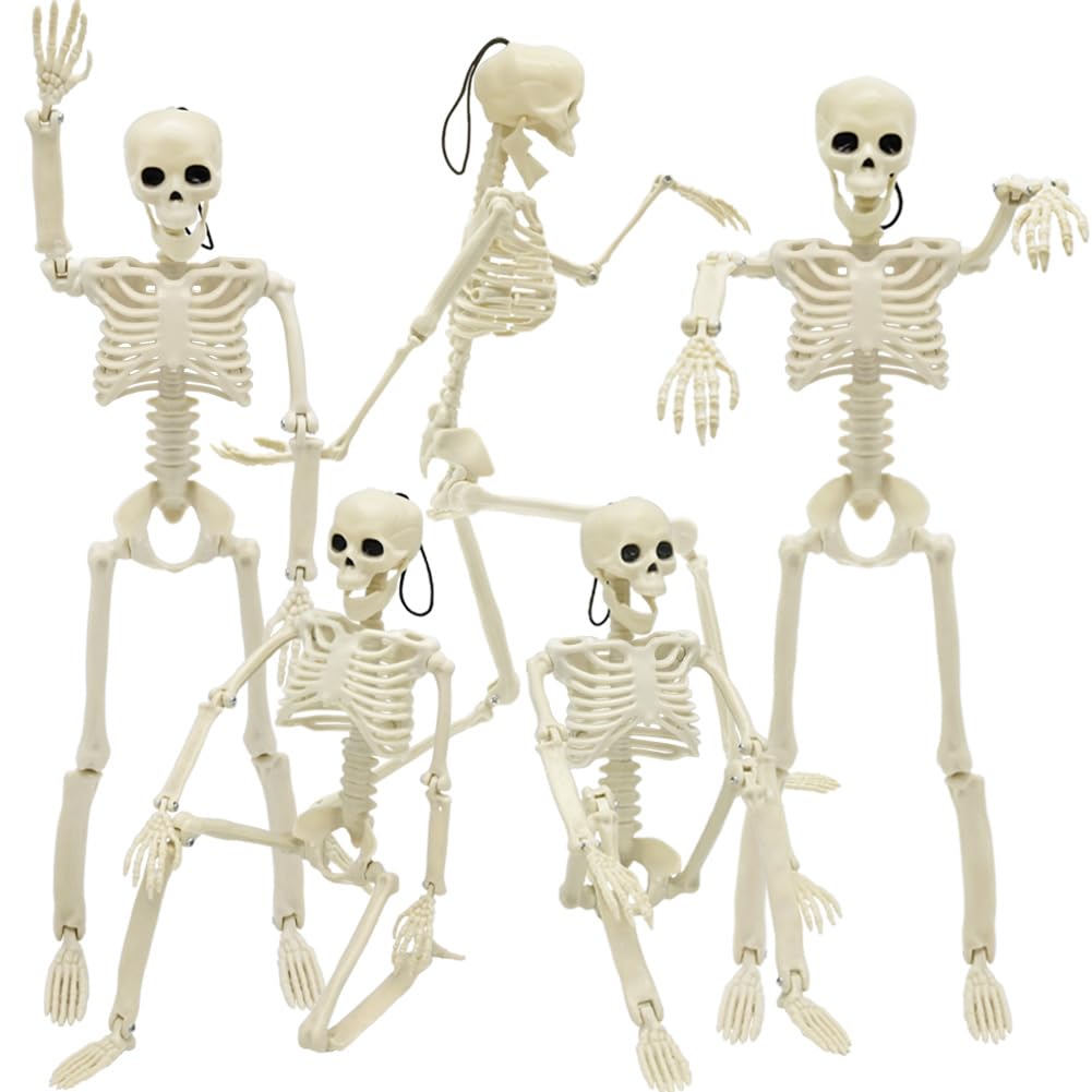 WODMAZ 5-pack skeletons on display for a spooky party setup.