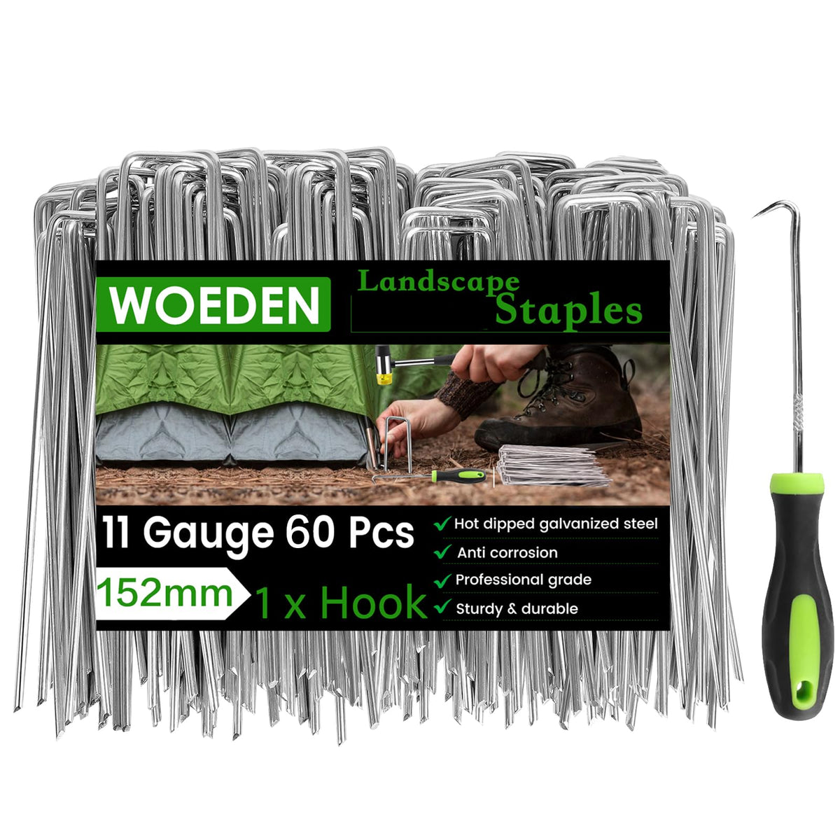 WOEden 60-pack 6-inch landscape staples secure weed barriers for durable outdoor use.