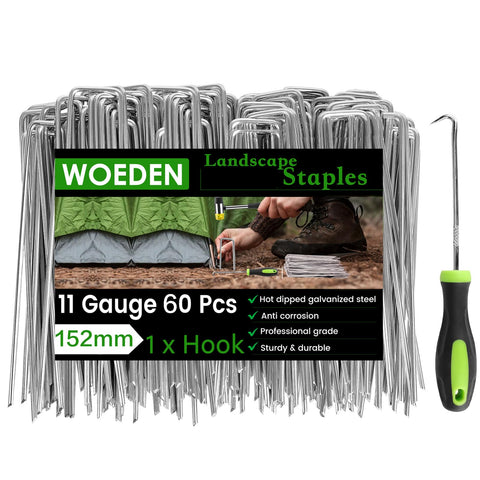 WOEden 60-pack 6-inch landscape staples secure weed barriers for durable outdoor use.