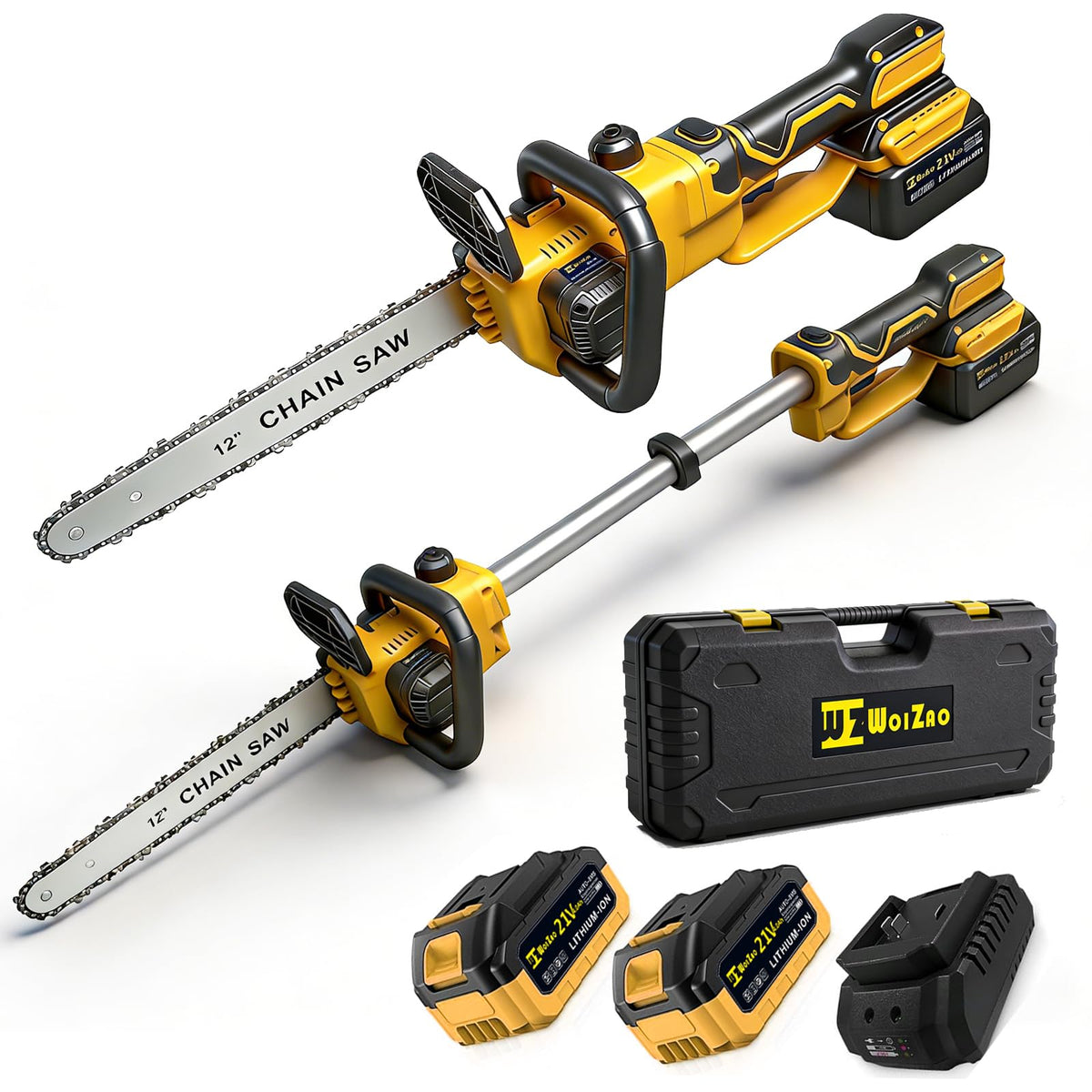 WOIZAO 12-inch cordless pole saw with extendable pole for easy pruning.