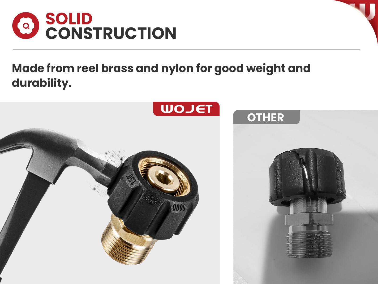 WOJET 5000 PSI brass fitting ready for heavy-duty washing
