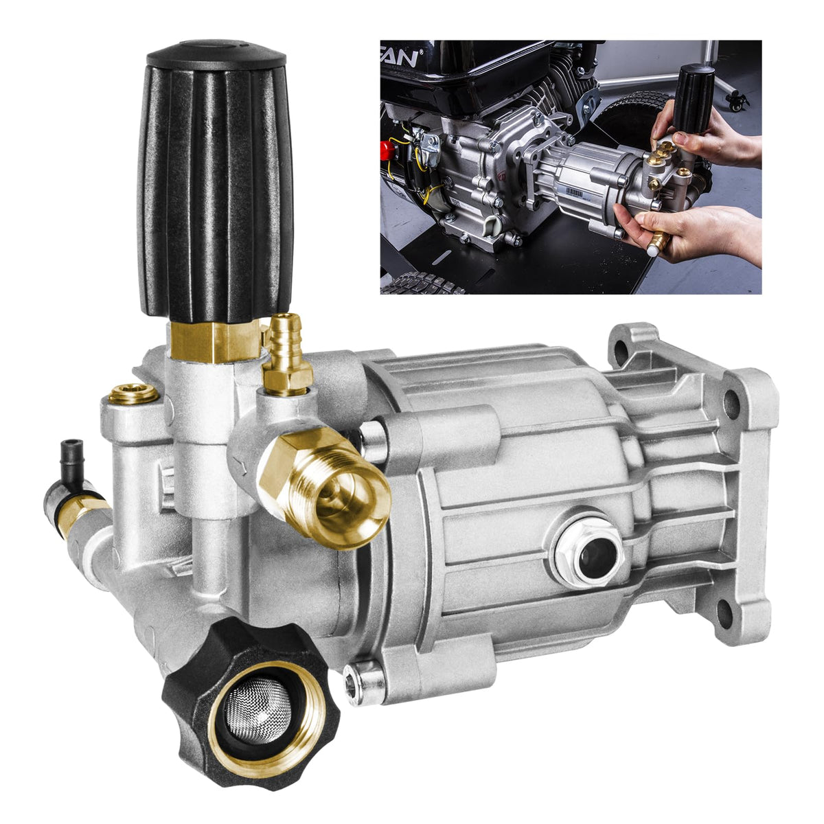 WOJET pressure washer pump with 3400 PSI and 2.5 GPM aluminum body for durability.