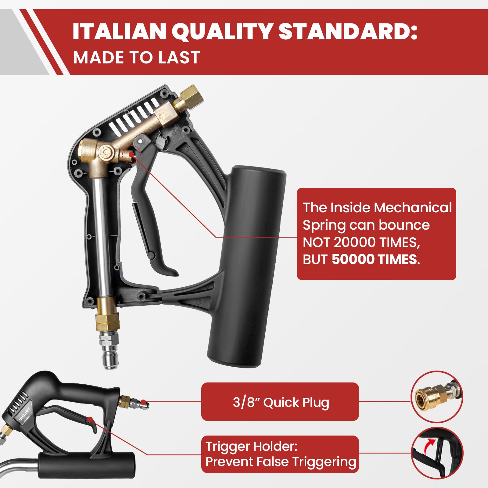 WOJET quick plug inlet enables secure and fast attachment to a pressure washer