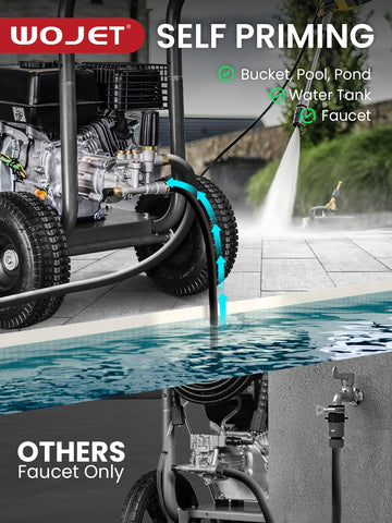 WOJET self-priming function draws water from buckets, pools, or tanks.