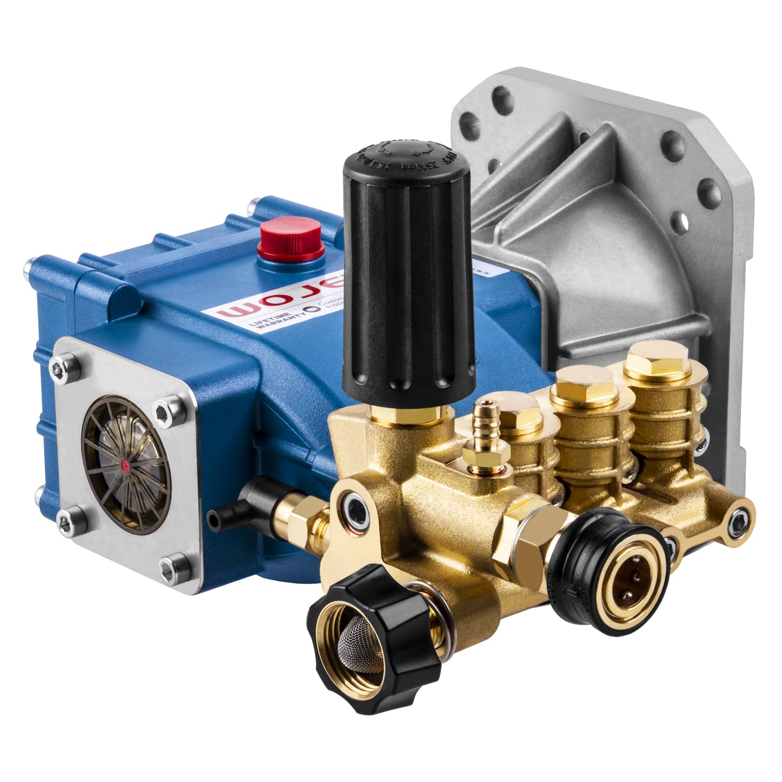 WOJET Triplex pump front view showing rugged construction for high-pressure cleaning