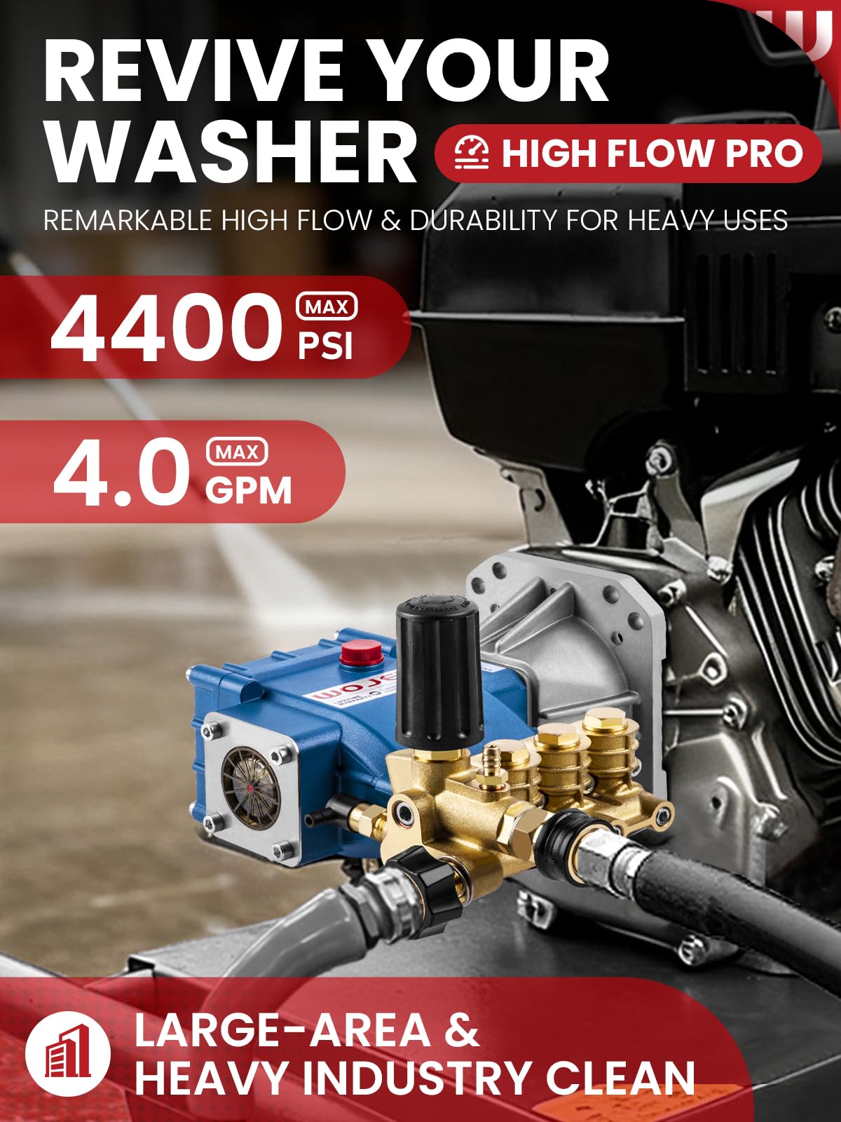 WOJET Triplex pump side view highlighting durable components for long-lasting use