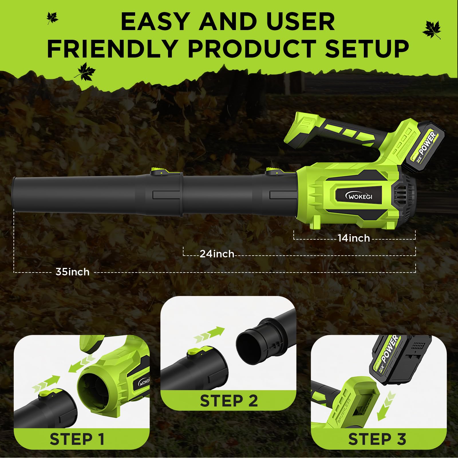 WOKEGI all season use cleans leaves, dust, and light snow on outdoor surfaces