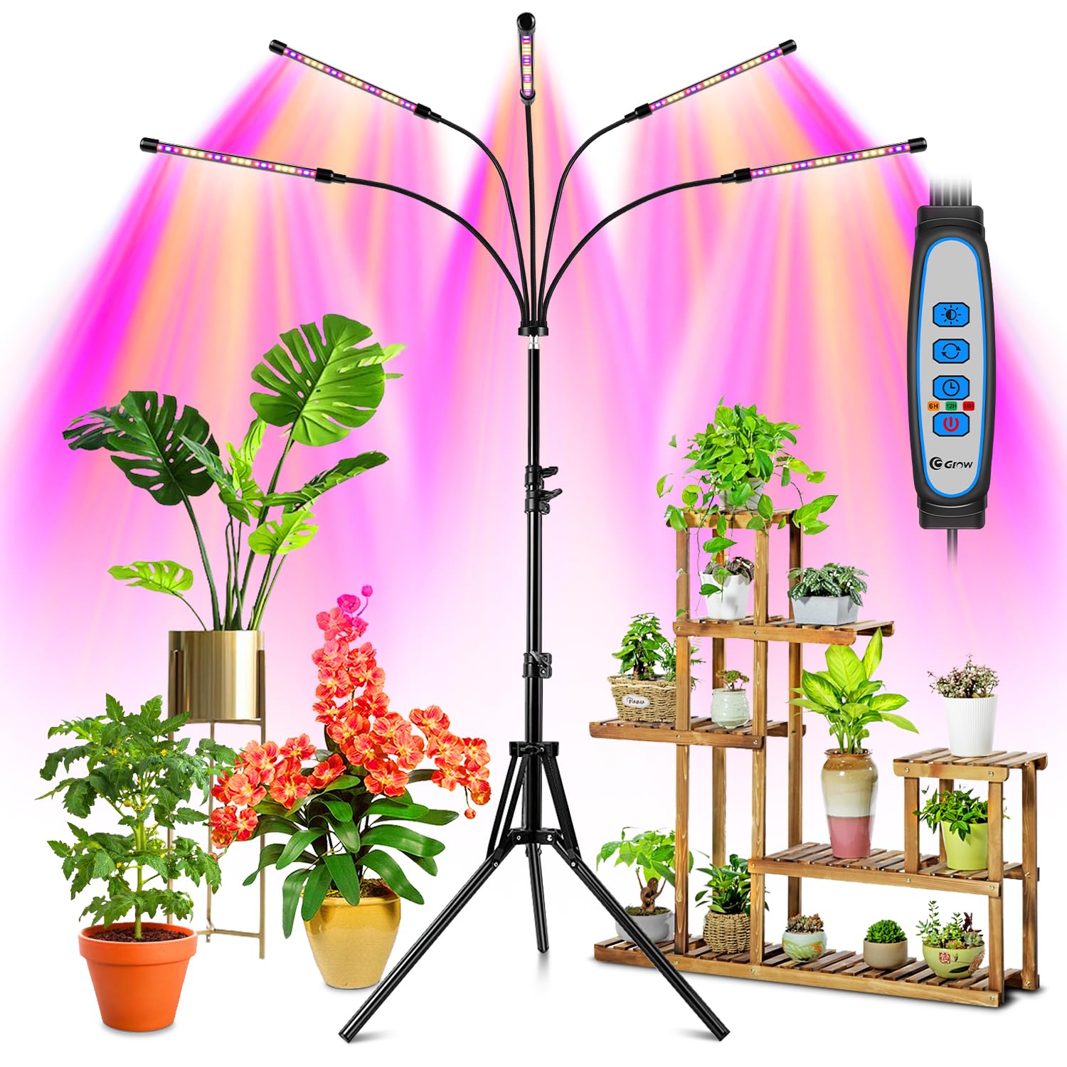 Wolezek 5-head grow light on adjustable stand for versatile indoor coverage.