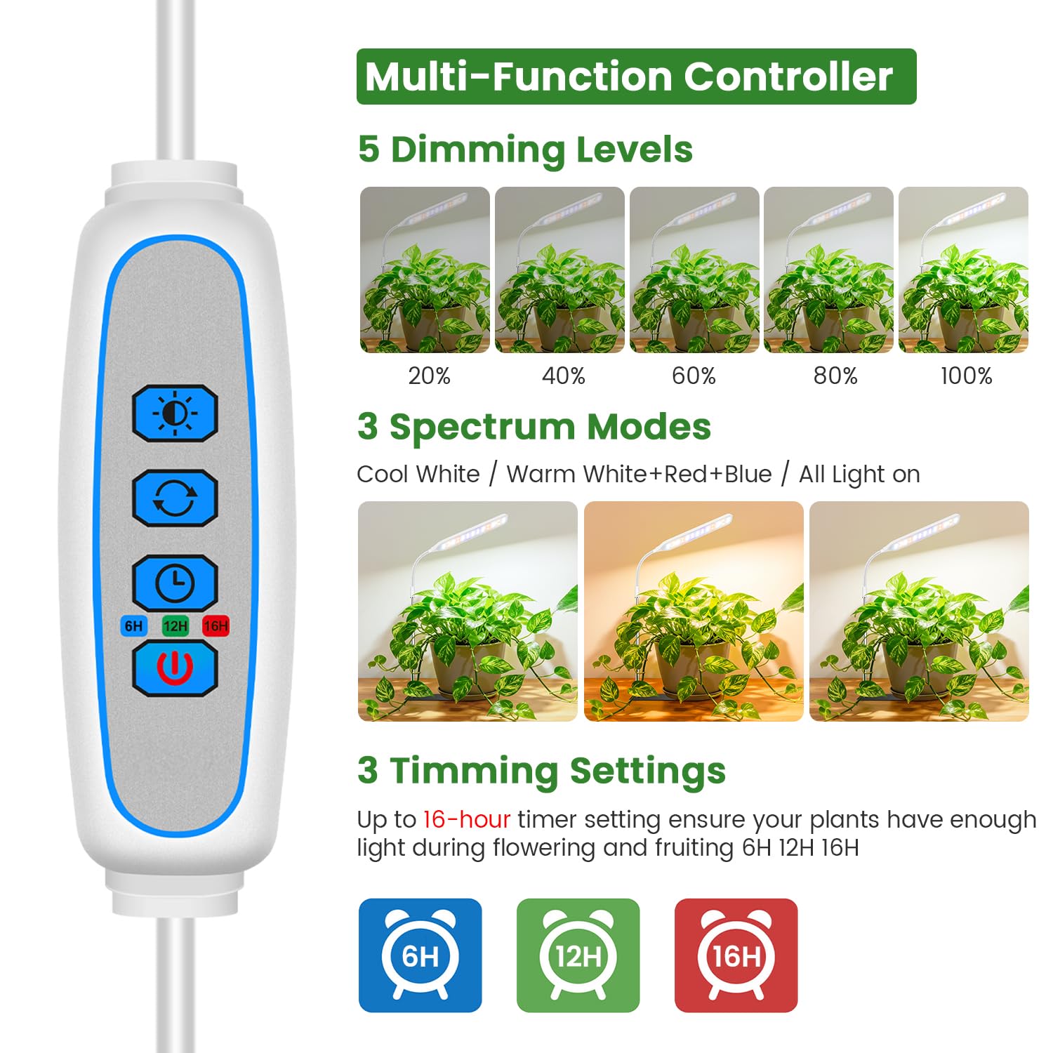 Wolezek grow light features a 6/12/16-hour timer and modes.