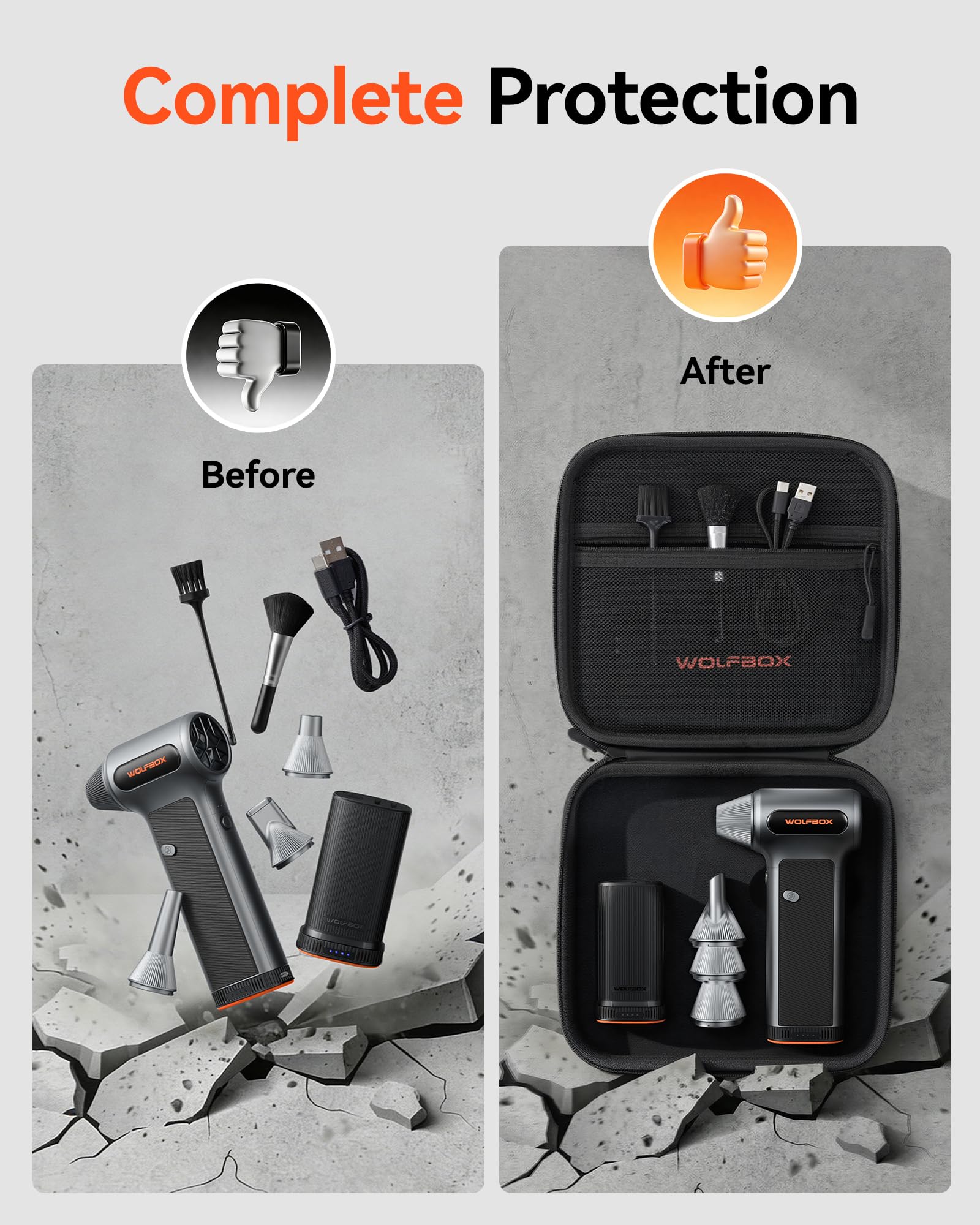 WOLFBOX MF50 case offers precision-fit protection for compact air duster gear.