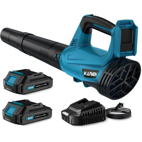 WOLFMEN cordless leaf blower with dual batteries for quick yard cleanup