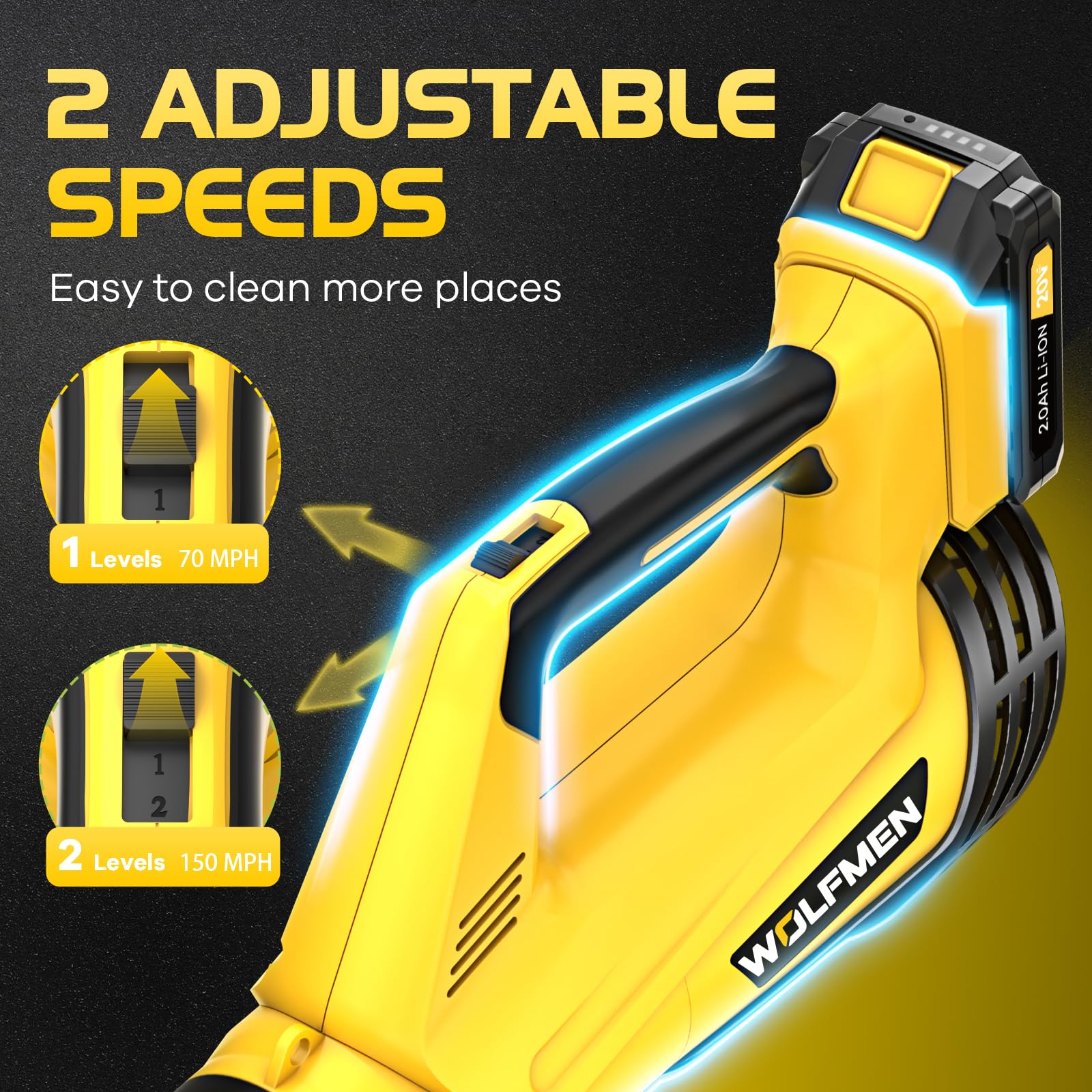 WOLFMEN leaf blower adjustable speed control for different tasks