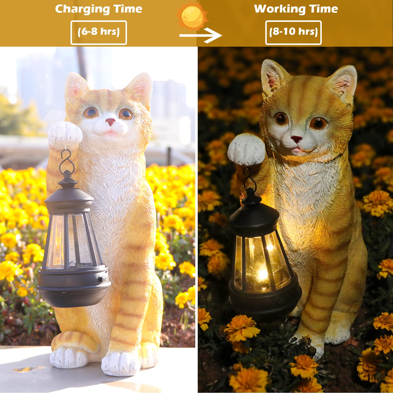 11-inch cat statue provides a friendly focal point for garden corners.