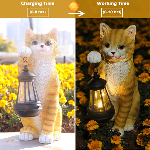 11-inch cat statue provides a friendly focal point for garden corners.