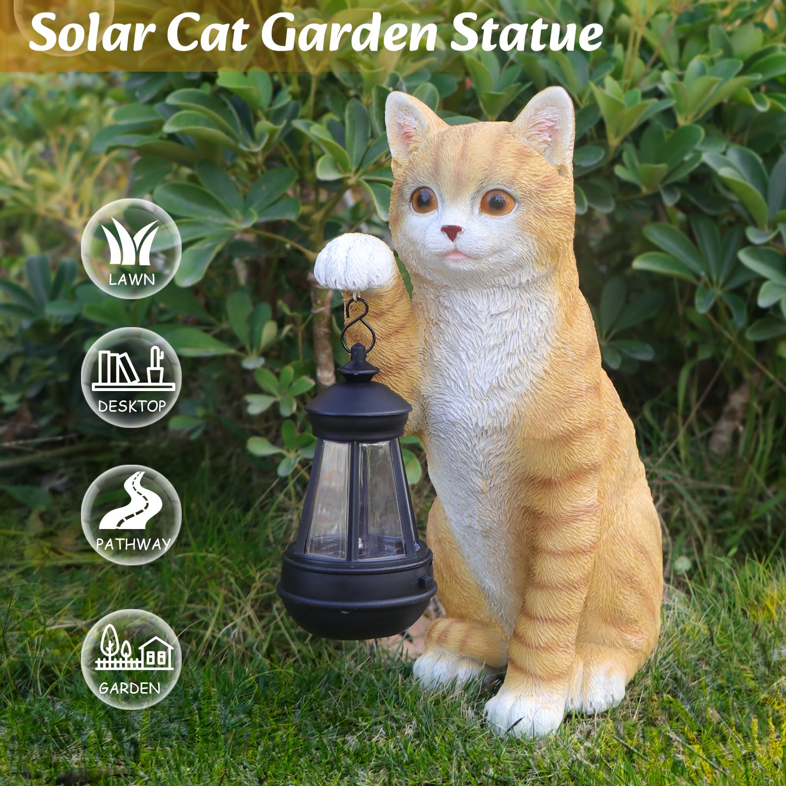 Nighttime glow from the Wonder Garden cat statue enhances twilight ambience.