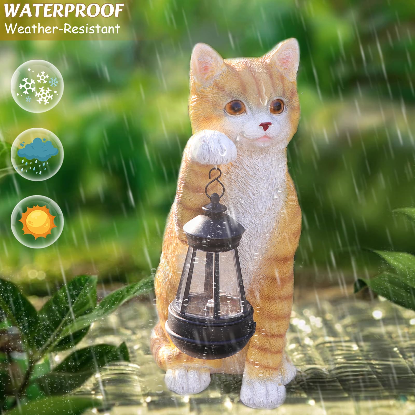 Waterproof resin cat statue withstands weather for year-round garden display.