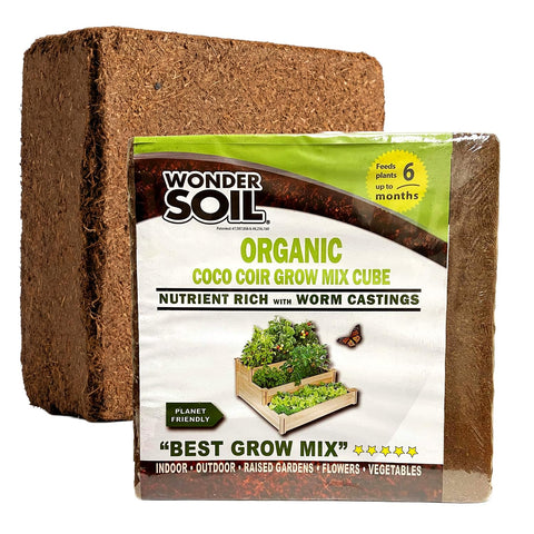 Wonder Soil dry coco coir brick ready to hydrate into growing medium.