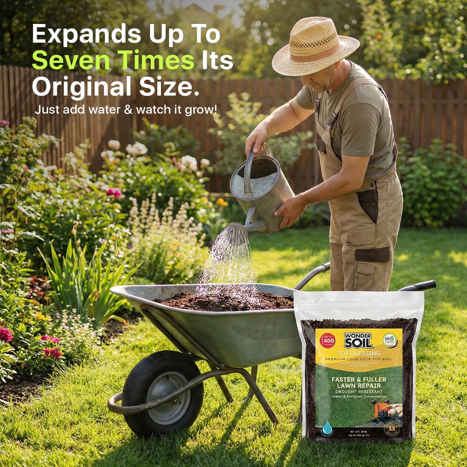 Wonder Soil lawn application scene demonstrates easy top-dressing for faster seed establishment.