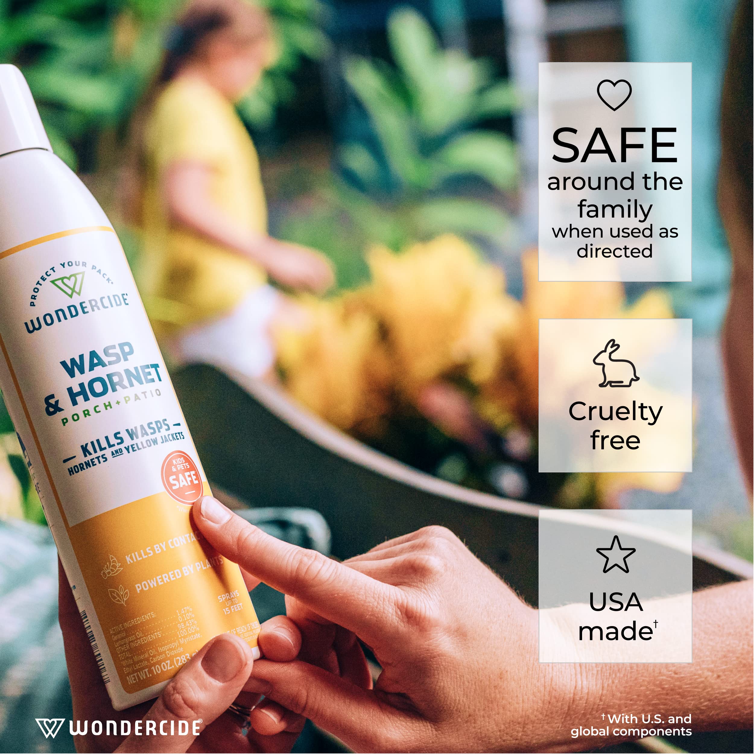 USA-made CO2-propelled Wondercide aerosol for outdoor use.