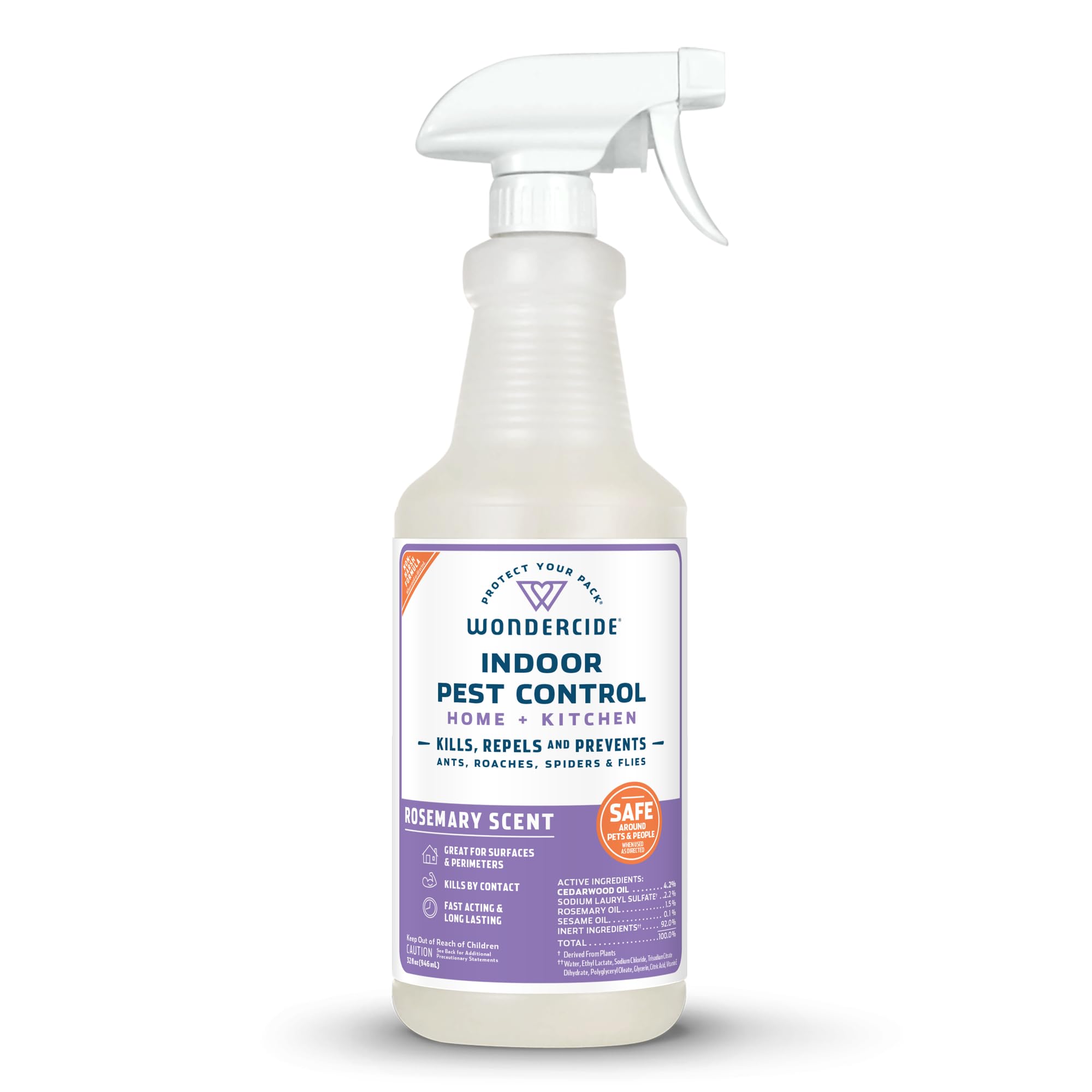 Wondercide indoor pest spray bottle closeup with plant-powered protection for insects.