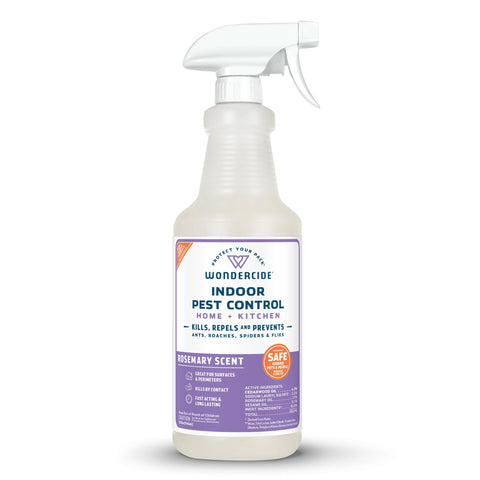 Wondercide indoor pest spray bottle closeup with plant-powered protection for insects.