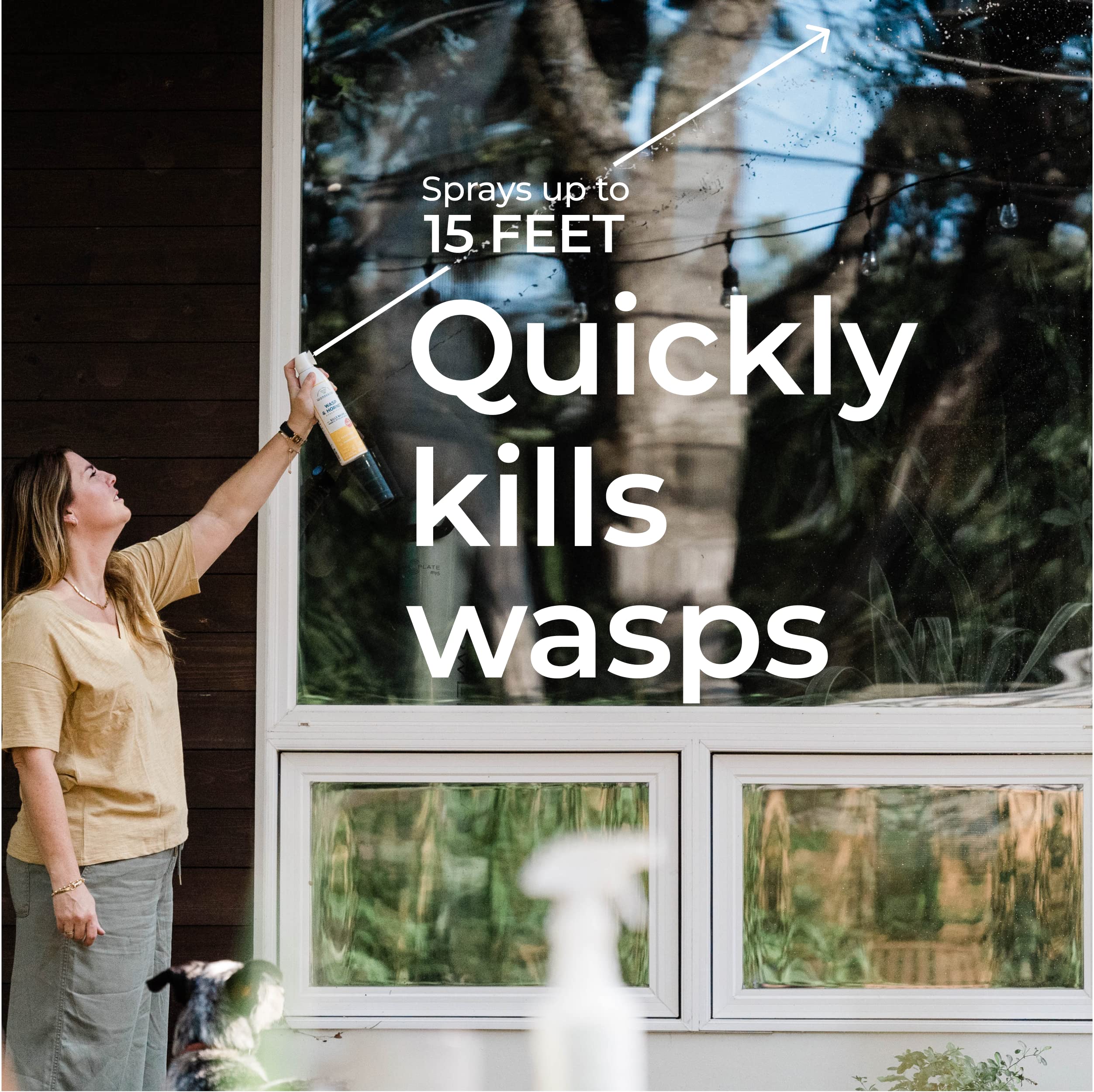 Open-faced hive treatment using Wondercide outdoors near a fence.