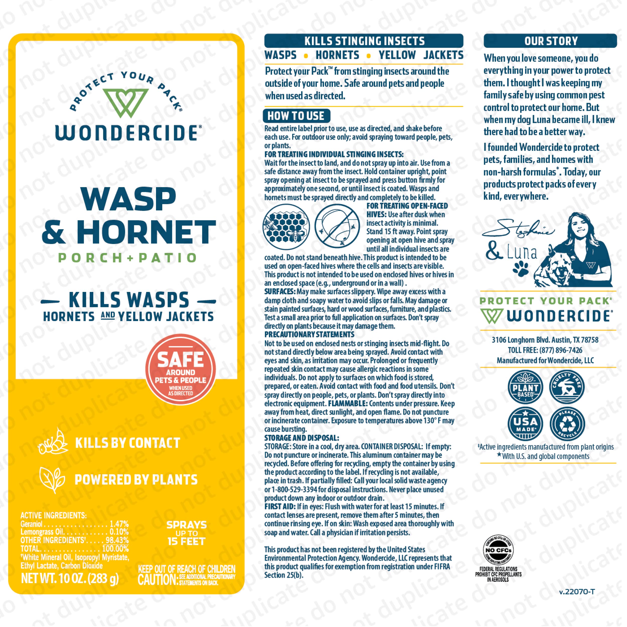 Porch-friendly application of Wondercide to reduce stinging insect visits.