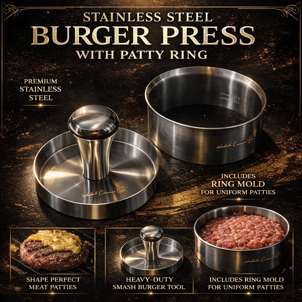 Wonderful Cuisine smash burger press on grill with patties browning
