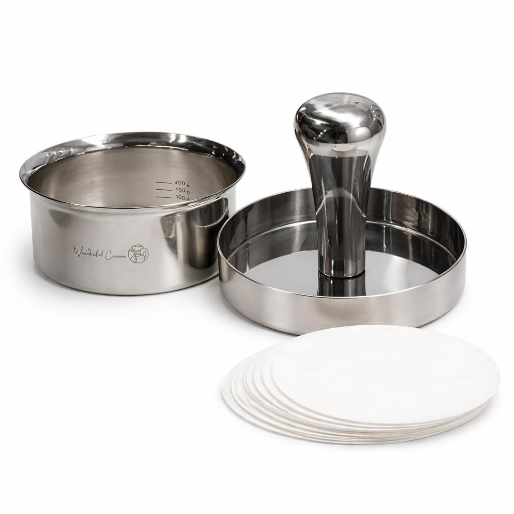 Wonderful Cuisine stainless-steel burger press full view showing build quality and patty surface