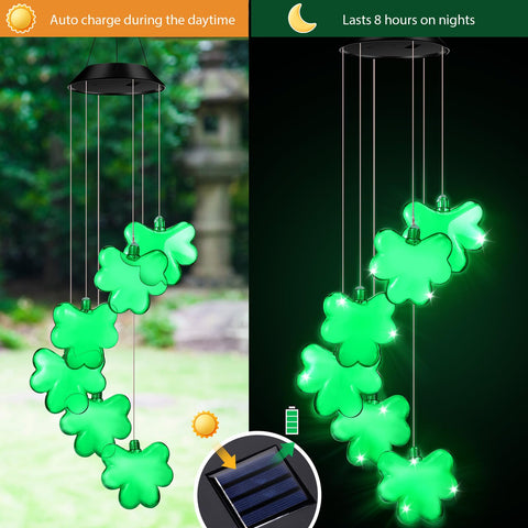 Wonderjune solar wind chime glows with energy-saving LED efficiency.