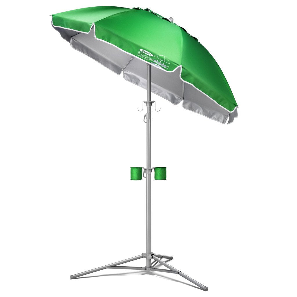 Wondershade green portable sun shade umbrella blocks UV rays for outdoor comfort.