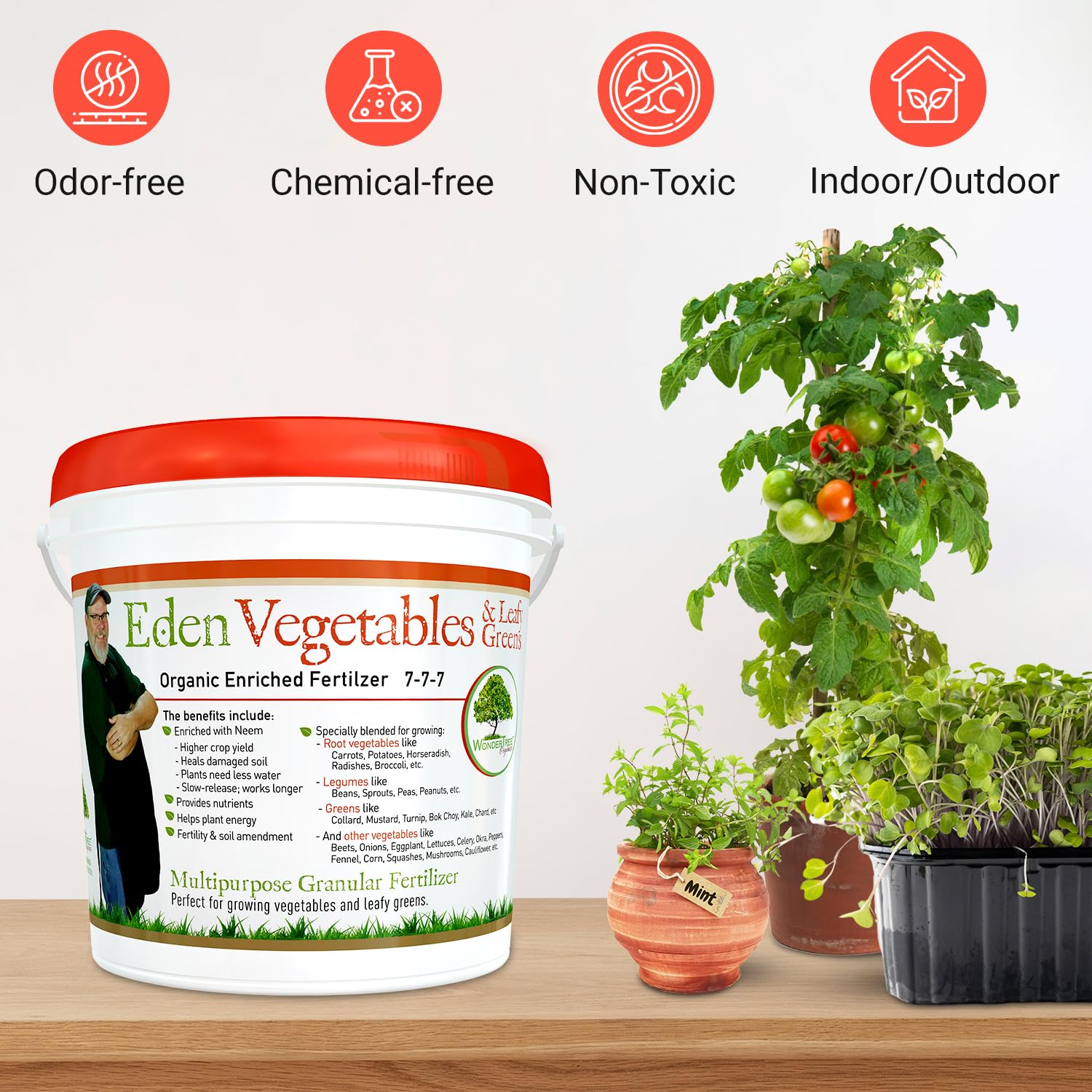WonderTree Eden fertilizer granules ready for soil feeding of leafy greens.