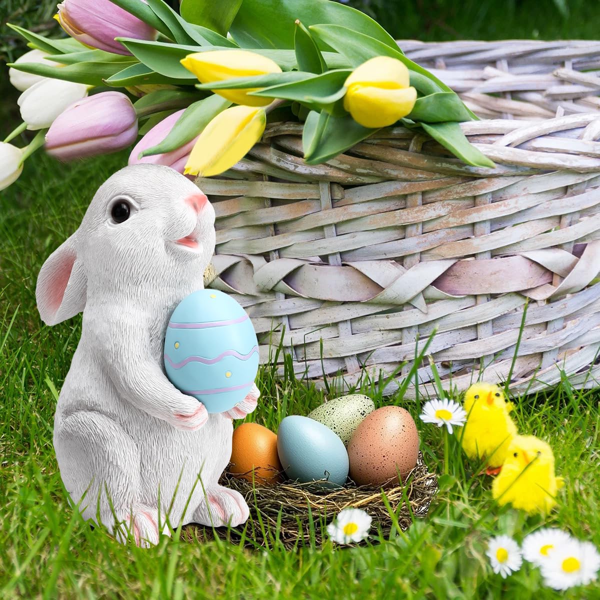 WONDHOME bunny egg-changing LED lights illuminate twilight garden paths.