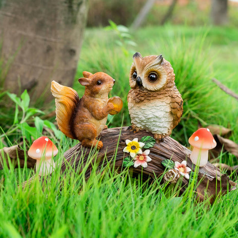 WONDHOME solar-owl-mushroom-lights-on, mushroom accents glowing softly at dusk.