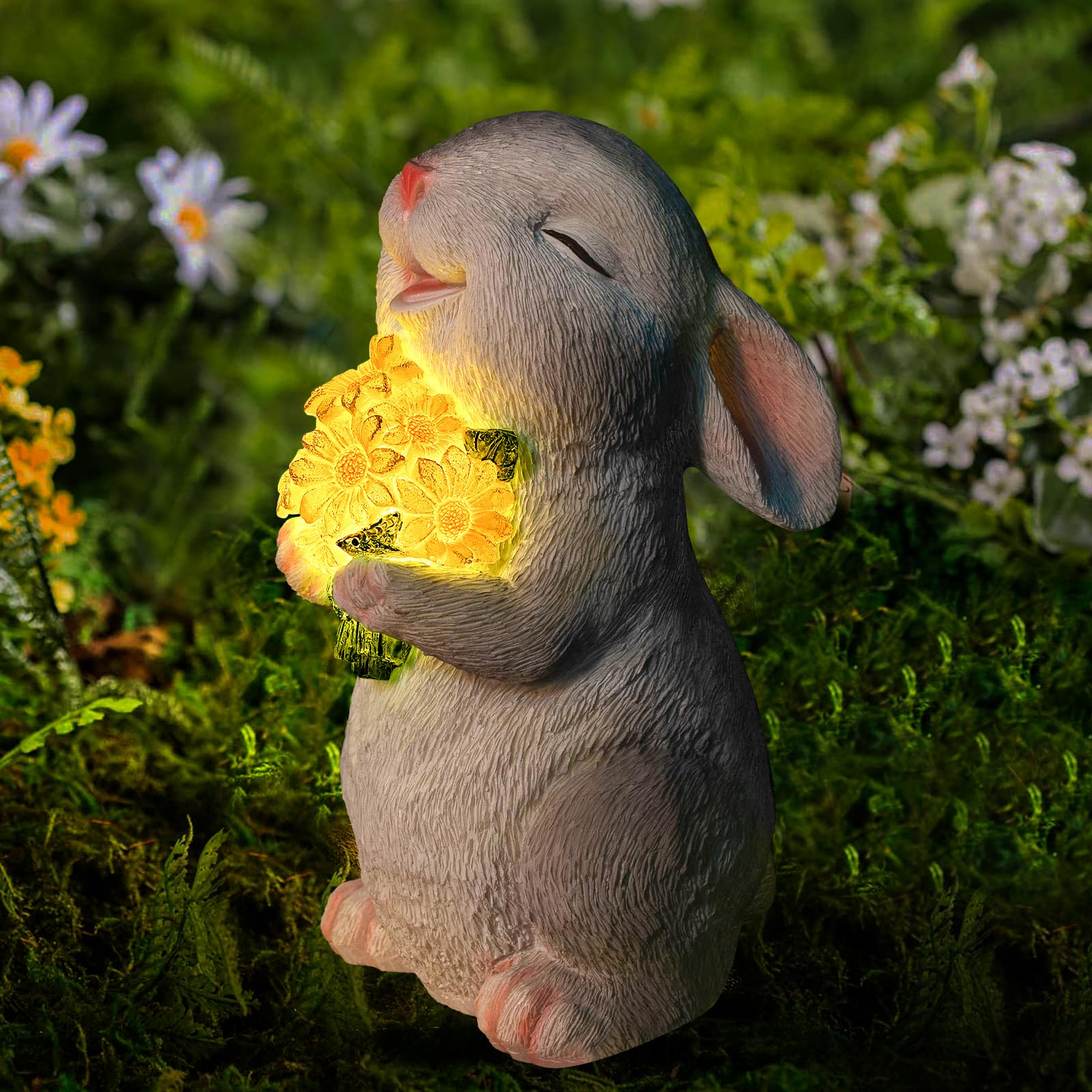 WONDHOME solar rabbit statue holding sunflower glows softly at dusk