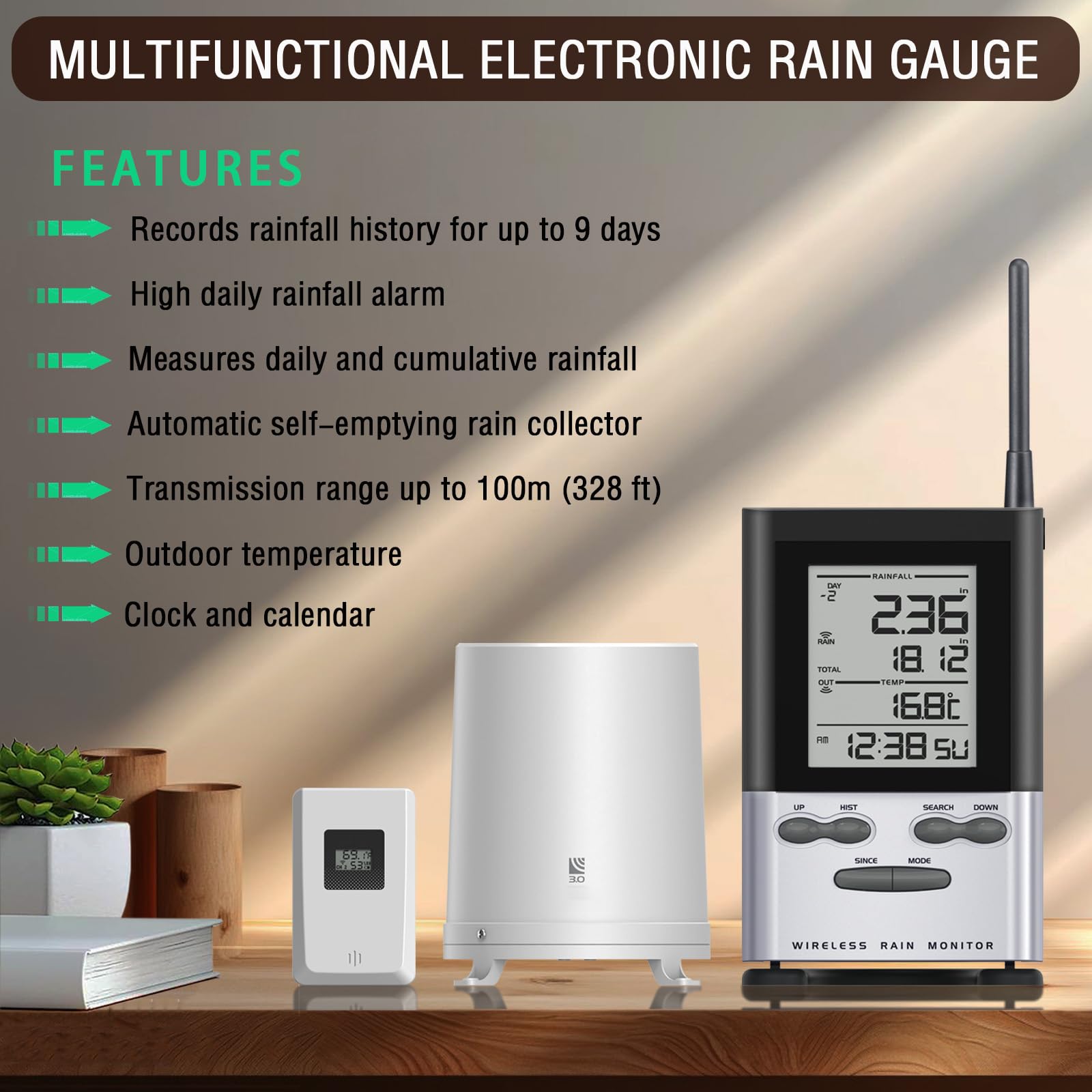 WondMall self-emptying rain gauge sensor sends data to indoor console.