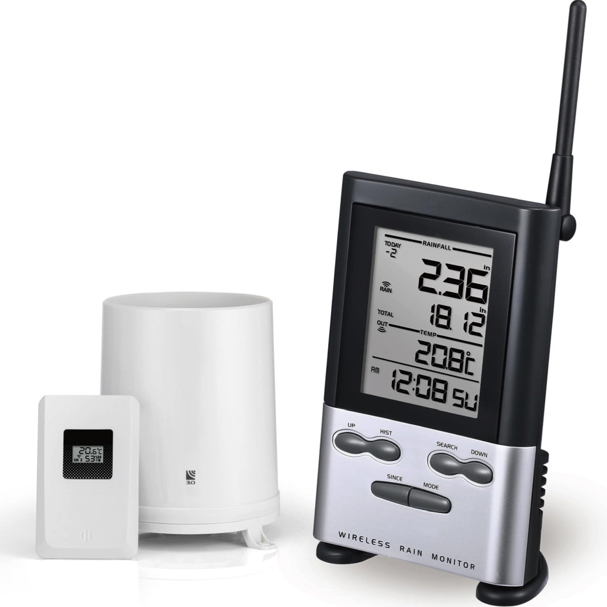 WondMall wireless rain gauge outdoors with thermometer for real-time yard monitoring.