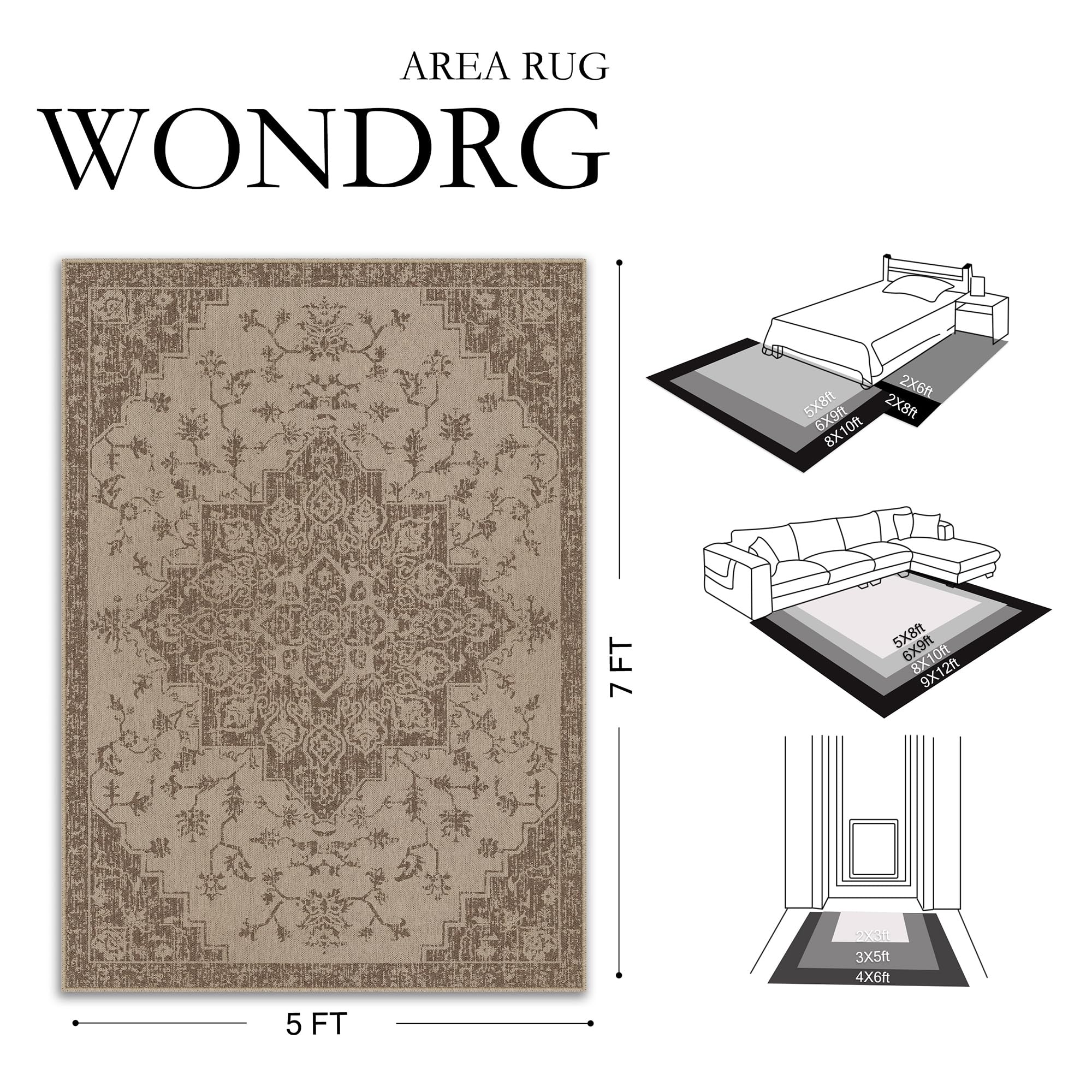 WondRg Easy Jute Outdoor Rug brown floral pattern detail adds warm farmhouse charm