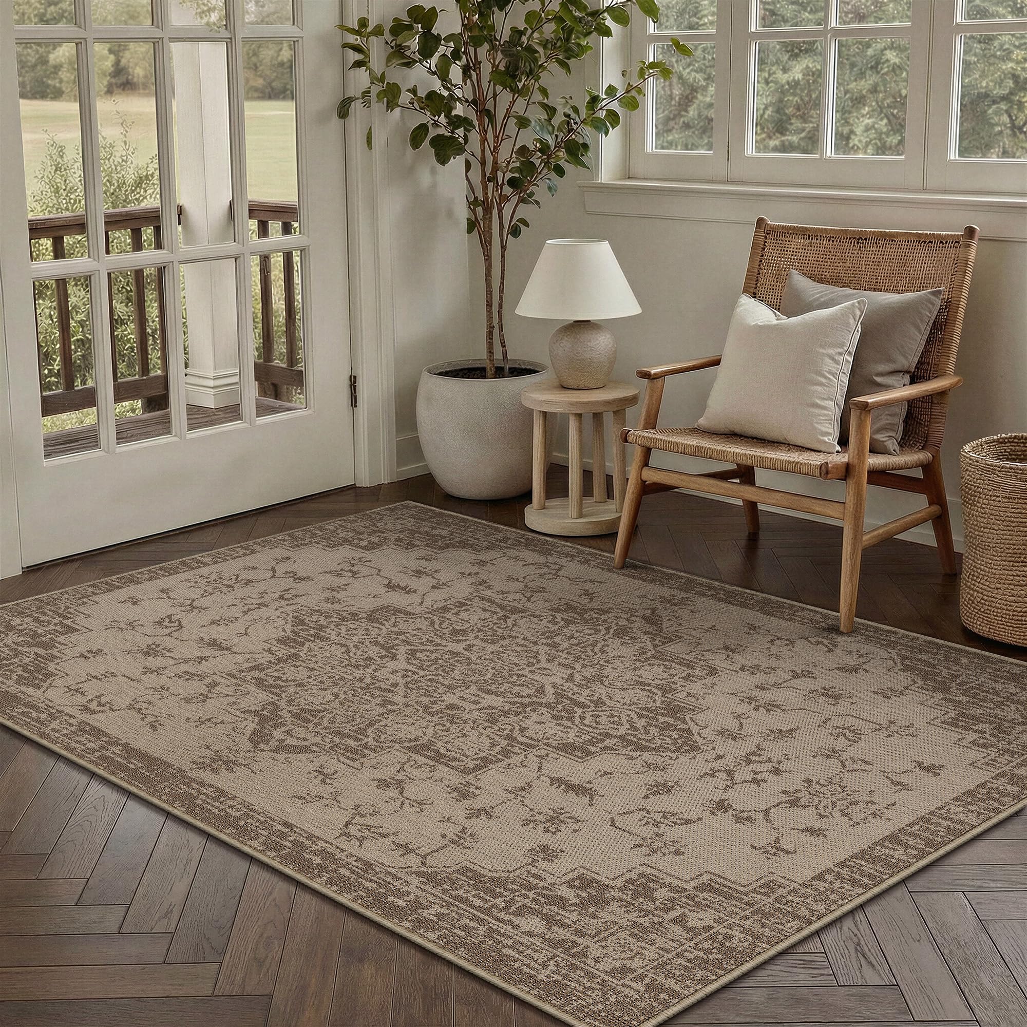 WondRg Easy Jute Outdoor Rug patio setup demonstrates outdoor resilience and easy maintenance