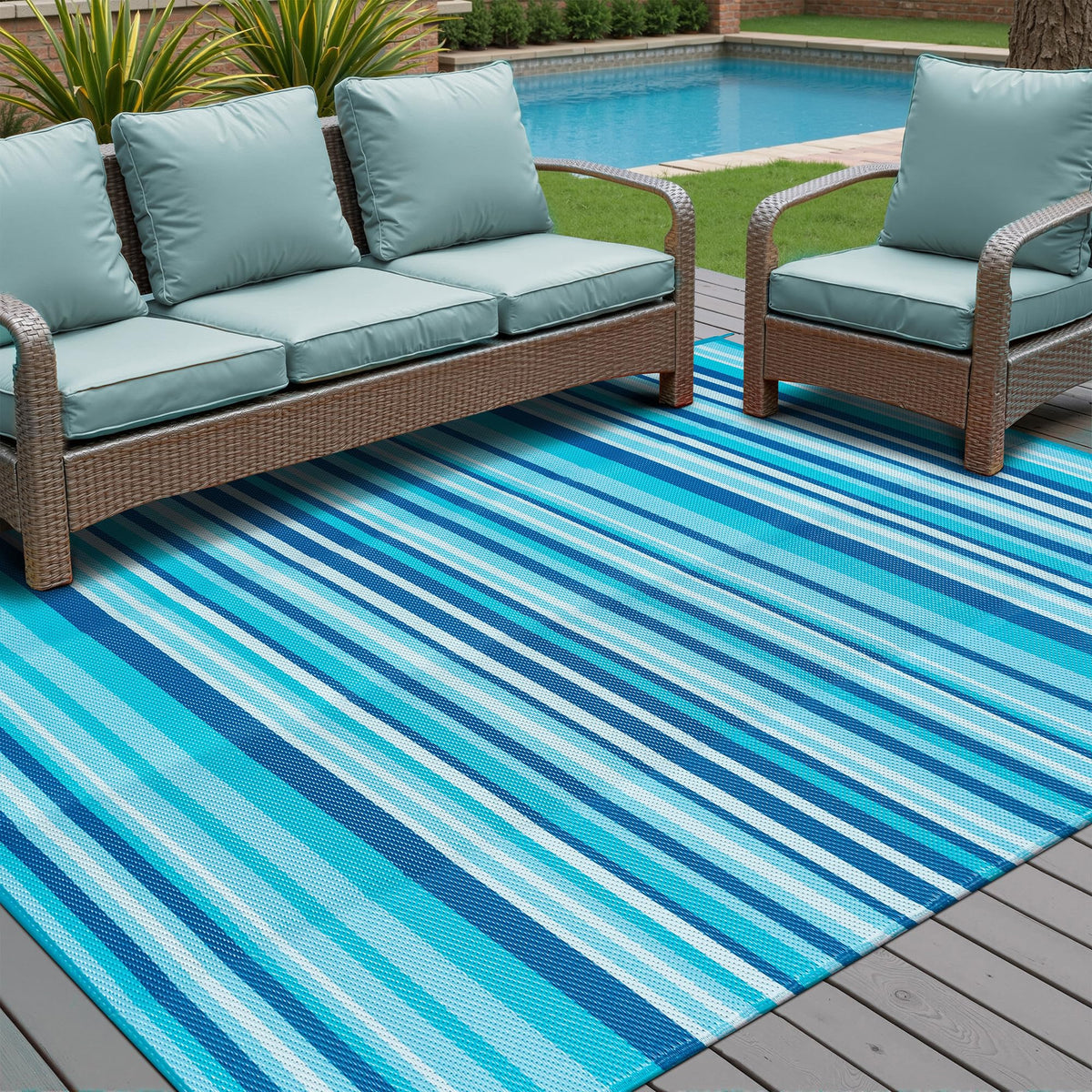 WondRg outdoor rug in blue teal stripe adds color to porches and decks