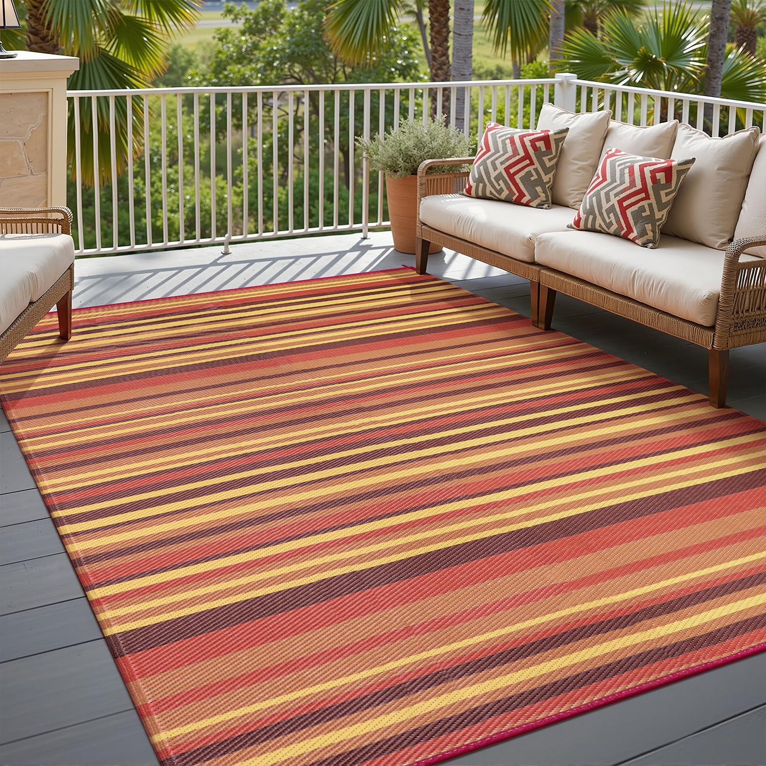 WondRg outdoor rug 5x8 red-orange stripe for patios and decks, durable outdoor surface.