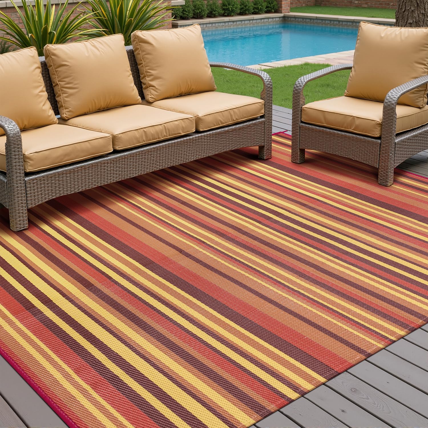 WondRg waterproof outdoor rug resists spills and wipes clean easily.
