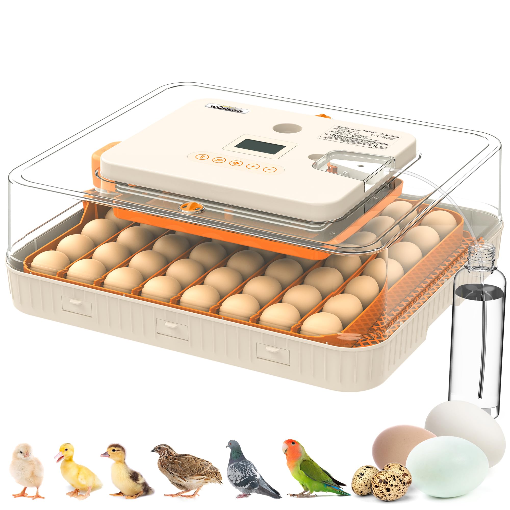 WONEGG 56-egg incubator front view with clear LED display for precise climate control.