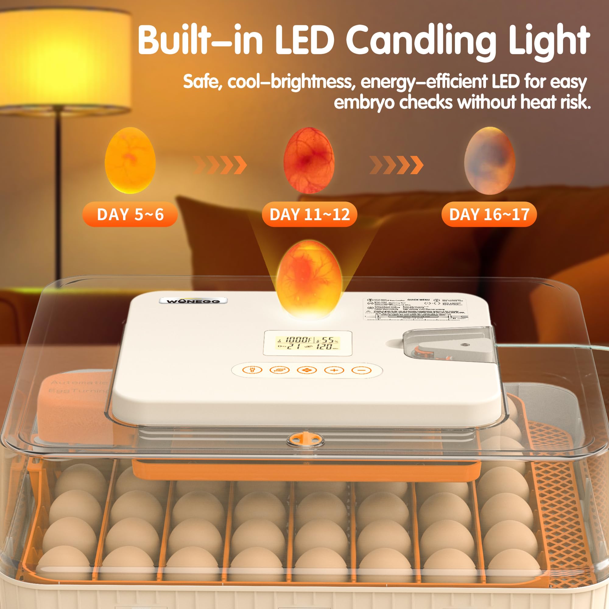 WONEGG gentle horizontal auto-turner prevents egg sticking during turning.
