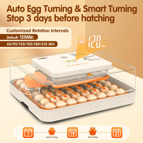 WONEGG 56 Eggs Incubator auto-stop-turning prevents excess vibration before hatch.