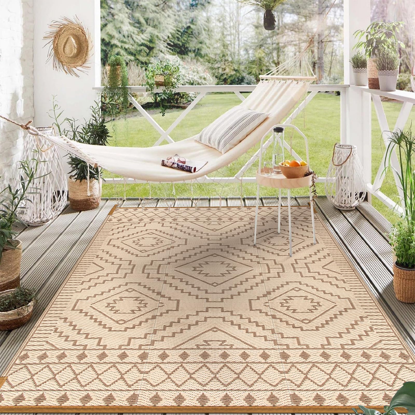 Wonnitar Outdoor Rug beige-brown-6x9 blends with natural spaces.