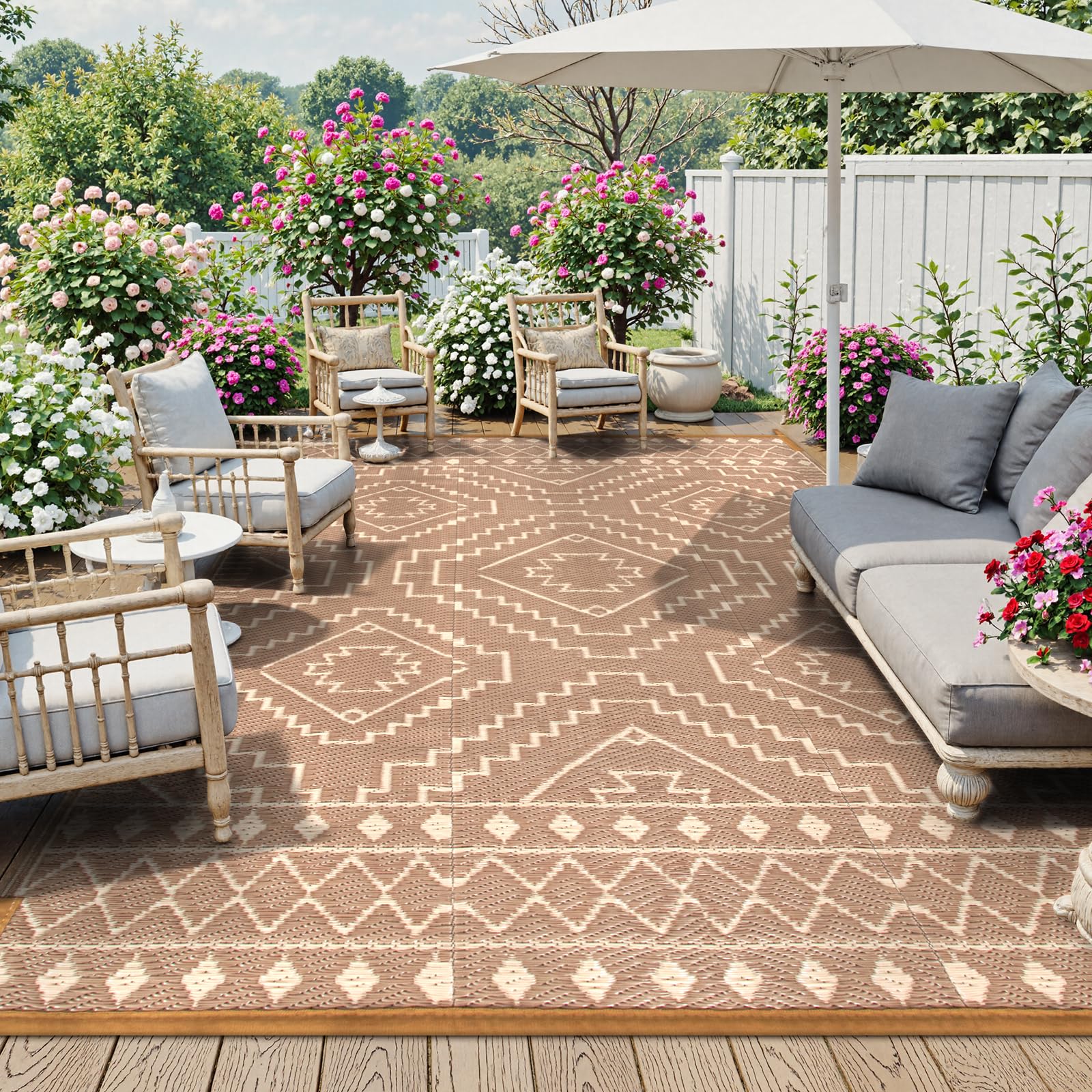 Wonnitar beige outdoor rug enhances patio ambiance while protecting surfaces.