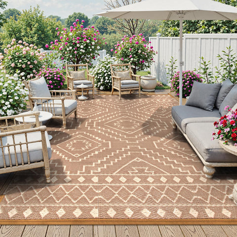 Wonnitar beige outdoor rug enhances patio ambiance while protecting surfaces.
