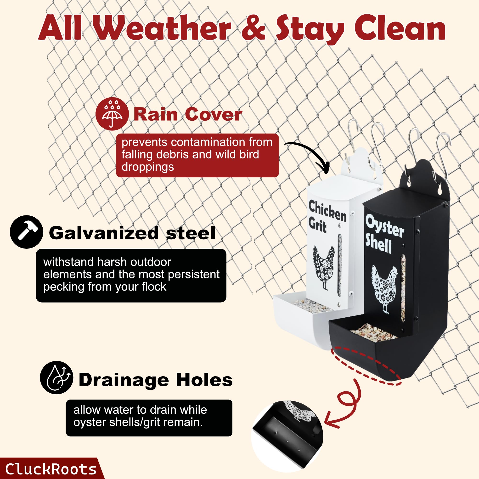 Woobud CluckRoots rain cover and drainage prevent debris and soggy supplements.