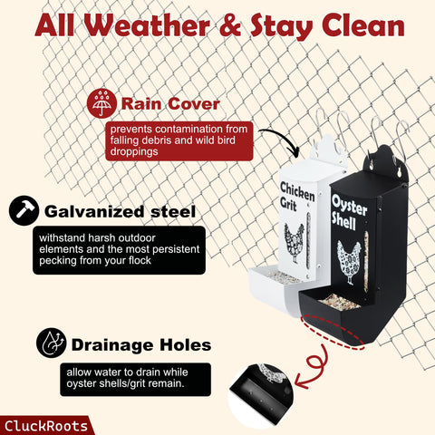 Woobud CluckRoots rain cover and drainage prevent debris and soggy supplements.